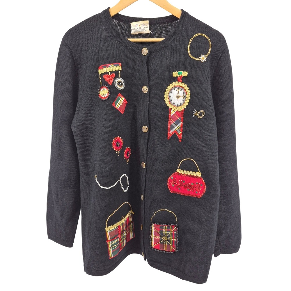 Vtg Susan Bristol Beaded Embellished Tartan Plaid‎ Novelty Cardigan Sweater Wool